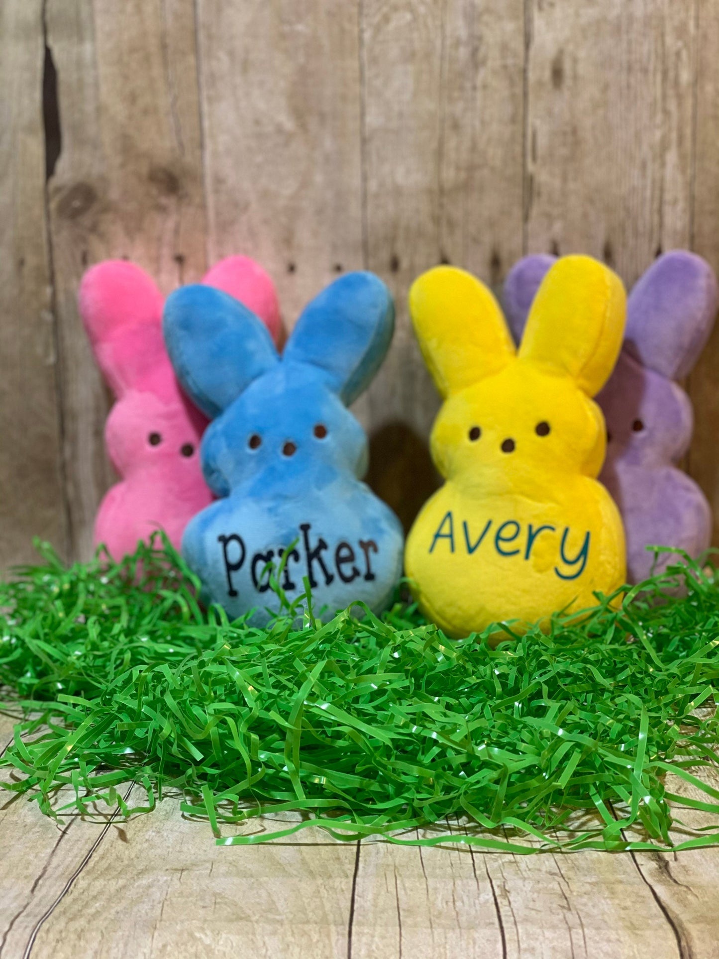 Custom, personalized Easter Peeps, 9" plush/stuffed animals. Personalize with your name, date or phrase of choice! Pink, purple or yellow!