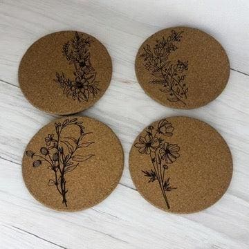 Set of 4 handmade flower cork coasters with floral design, eco-friendly and durable, perfect for protecting tables from drink spills, ideal for home decor, housewarming gifts, or wedding favors.