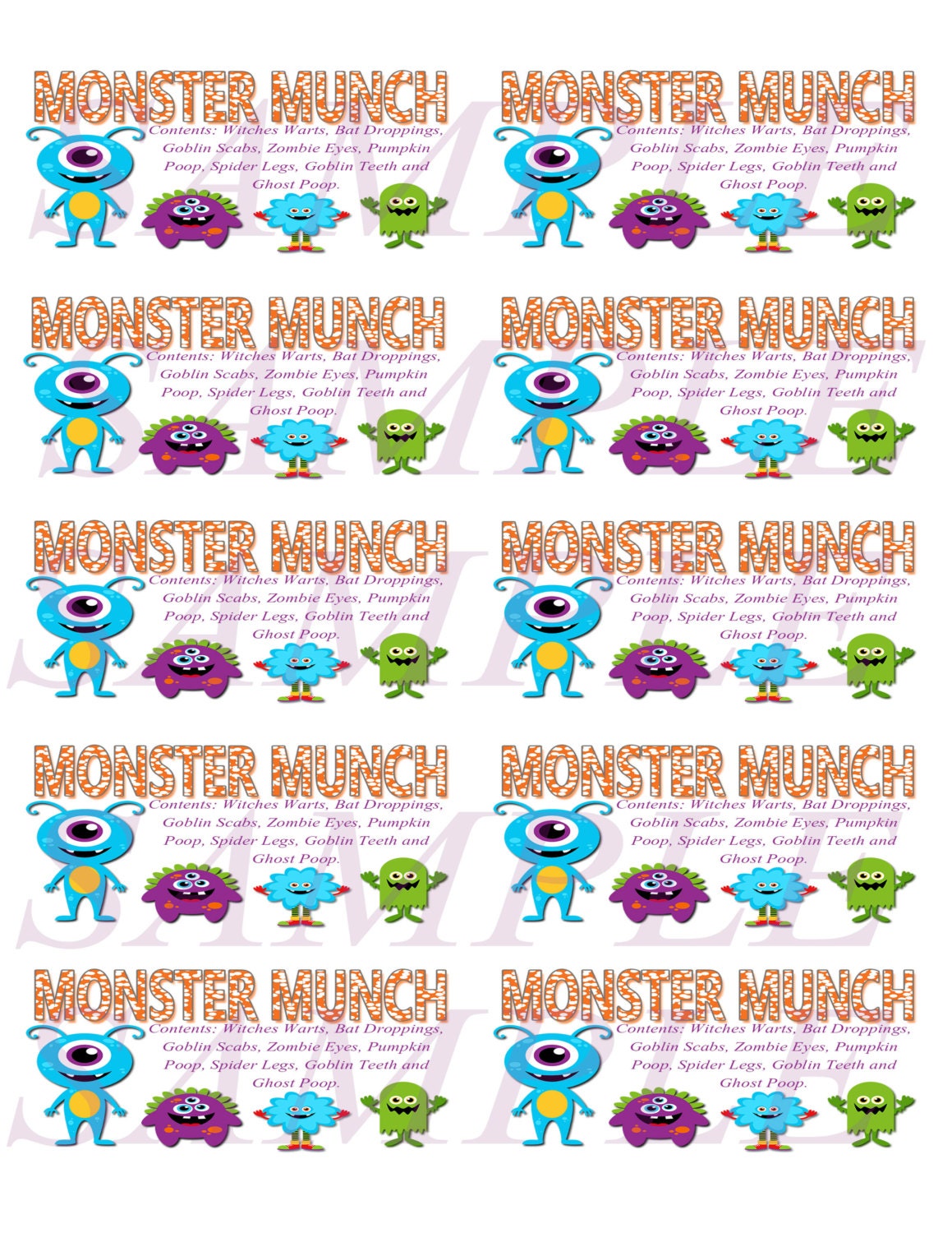Halloween MONSTER MUNCH rectangular label, printable digital file, 4 x 2 in rectangular, 10 stickers to a page. -- Instant Download --