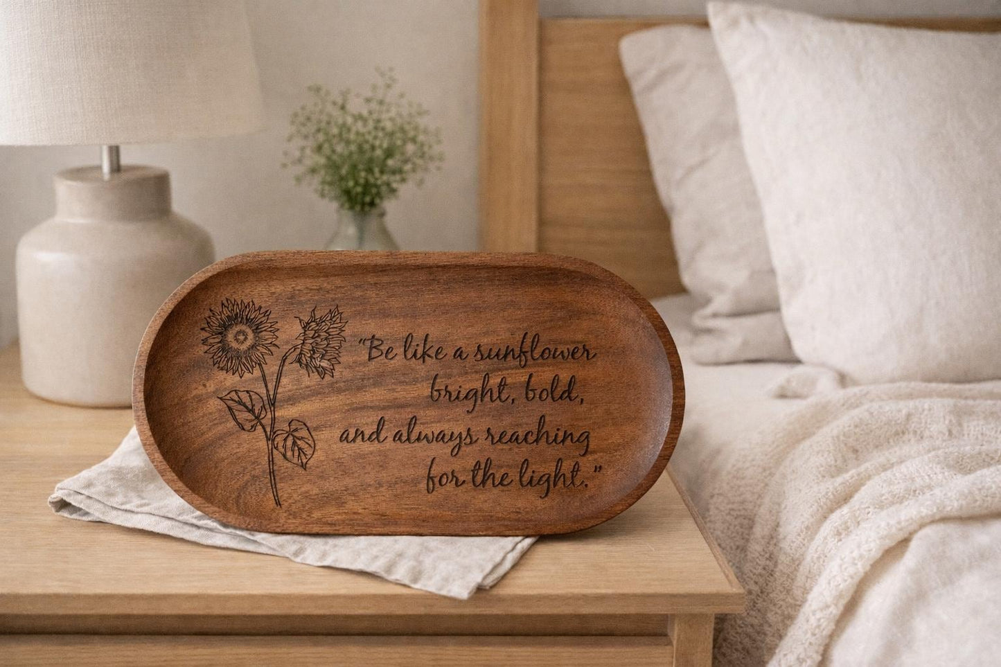 Engraved Sunflower Wooden Tray – Rustic Jewelry Dish, Inspirational Gift