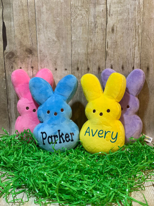 Custom, personalized Easter Peeps, 9" plush/stuffed animals. Personalize with your name, date or phrase of choice! Pink, purple or yellow!