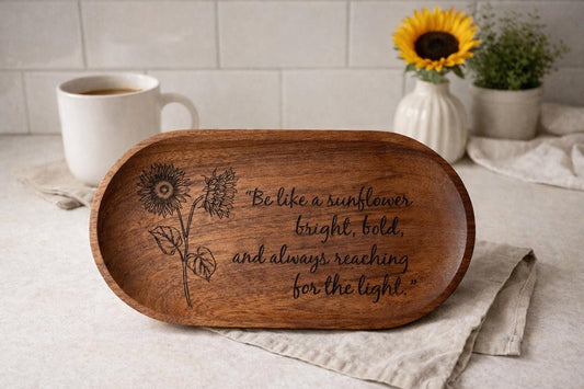 Engraved Sunflower Wooden Tray – Rustic Jewelry Dish, Inspirational Gift