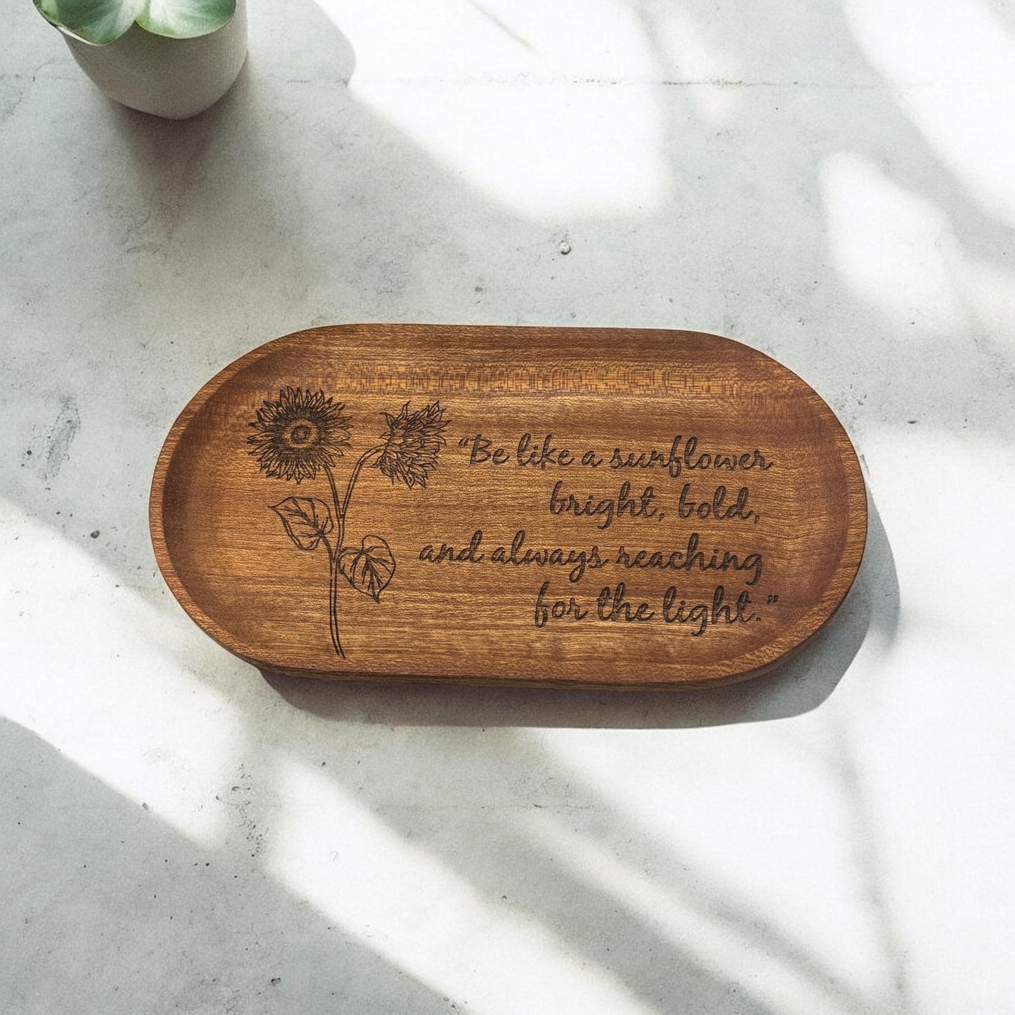 Engraved Sunflower Wooden Tray – Rustic Jewelry Dish, Inspirational Gift